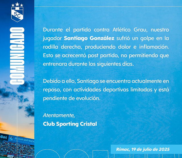Comunicado de Sporting Cristal sobre Santiago González  