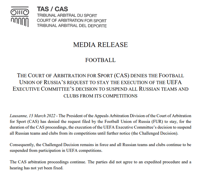 TAS y el comunicado a favor de la UEFA