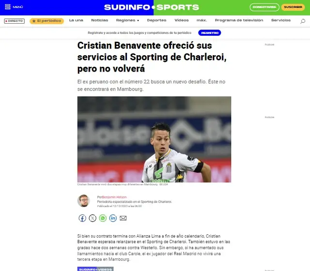 Cristian Benavente se ofreció a Sporting Charleroi