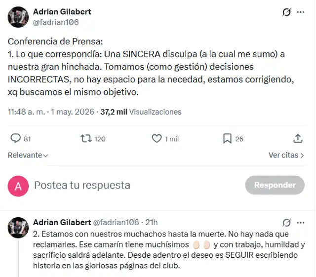 Adrián Gilabert se pronunció tras las declaraciones de Franco Velazco