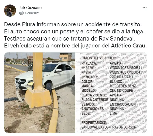 Ray Sandoval, futbolista de Atlético Grau habría chocado y se da a la fuga. 