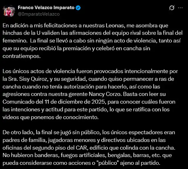 Franco Velazco, Universitario Franco Velazco, Universitario