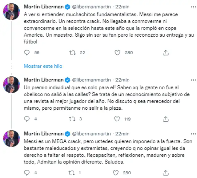 Martín Liberman arremetió contra los fanáticos que respaldan a Messi. Martín Liberman arremetió contra los fanáticos que respaldan a Messi.