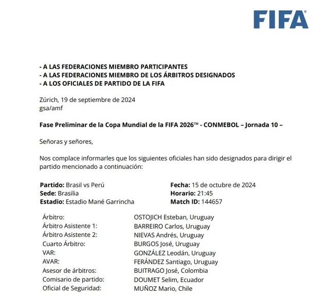 Terna arbitral del Brasil vs Perú   