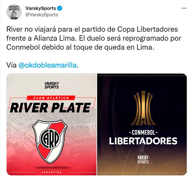 Juan Pablo Varsky informa que River no viajará a Lima.   