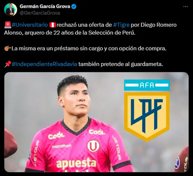 Diego Romero pudo jugar en Argentina. / Foto: X.   