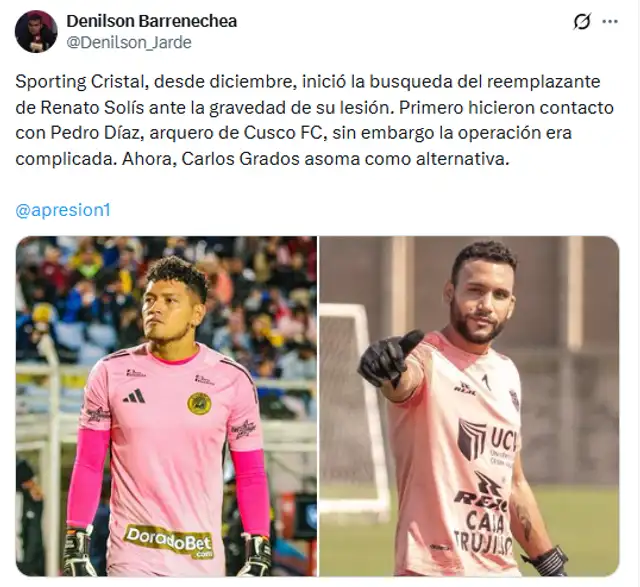  Sporting Cristal en búsqueda de nuevo arquero | Vía Denilson Barrenechea   