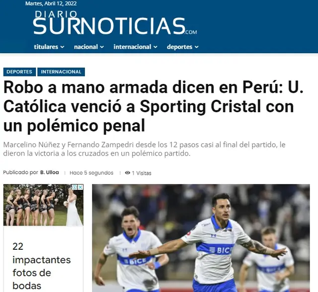 Diario Sur sobre la polémica victoria de la U. Católica sobre Cristal.