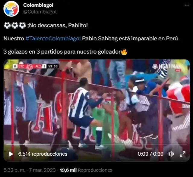  Colombia gol destacó los tantos de Pablo Sabbag en Alianza Lima.   