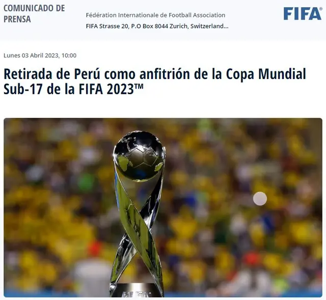 FIFA retiró a Perú la sede el Mundial Sub 17.