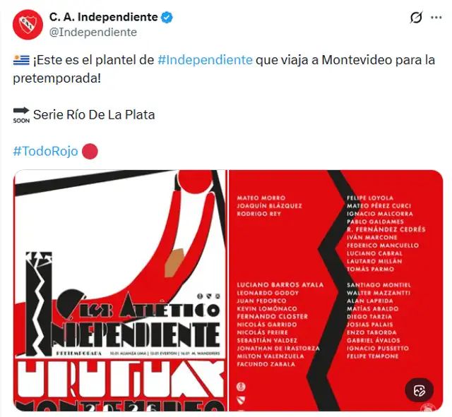  Plantel de Independiente para la Serie Rio de la Plata<br>   