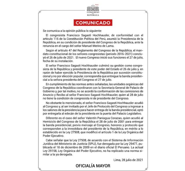 Congreso se pronuncia luego de no dejar ingresar a Sagasti.   