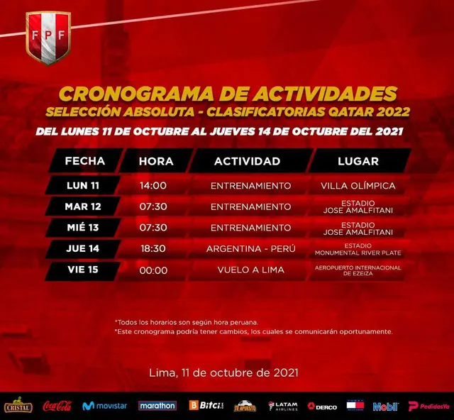 Itinerario oficial de la selección peruana.