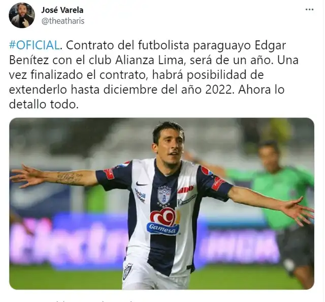 Edgar Benítez jugará en Alianza Lima durante un año. Imagen: Twitter.   