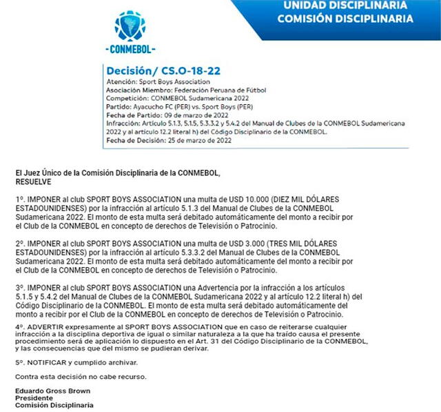 CONMEBOL multó a Sport Boys   