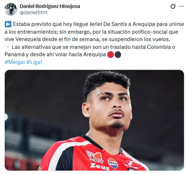 Jeriel De Santis no ha podido viajar al Perú | Vía Daniel Rodríguez Jeriel De Santis no ha podido viajar al Perú | Vía Daniel Rodríguez