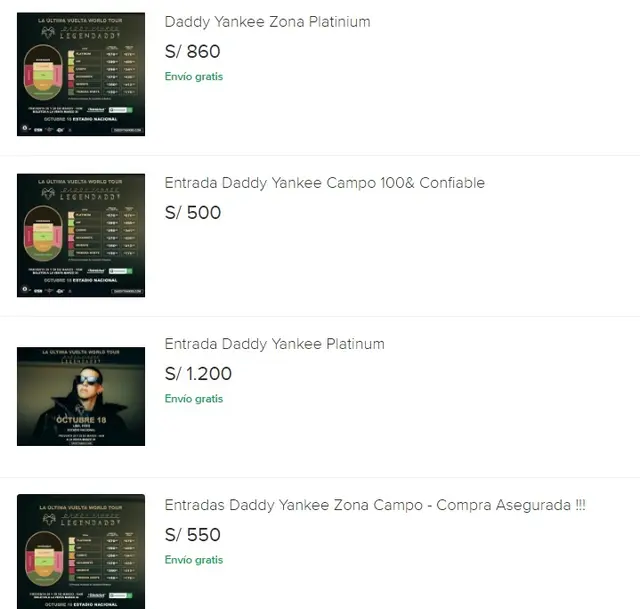 Reventa de entradas para el concierto de Daddy Yankee.   