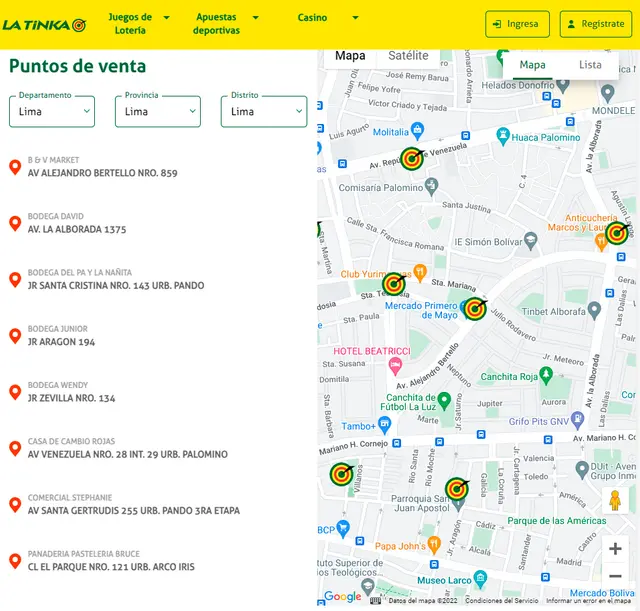 Puntos de venta a nivel nacional de La Tinka.