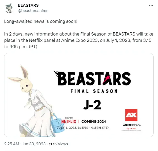 La temporada 3 de 'BEASTARS' llegará a Netflix. Foto: Twitter.    