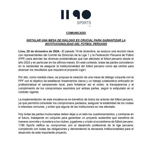 Comunicado de 1190 Sports   