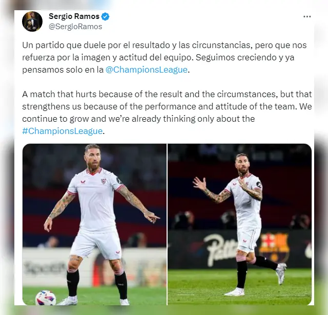 Sergio Ramos y su post tras autogol que dio triunfo al Barcelona.   