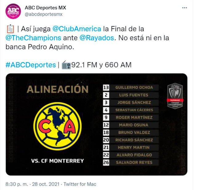 Prensa mexicana anuncia la baja de Pedro Aquino en América.   