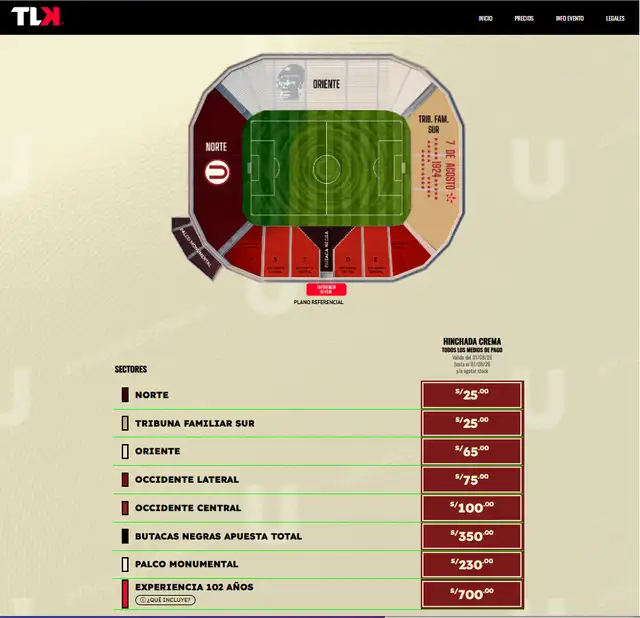 La lista de precios de las entradas para ver Universitario vs Sporting Cristal por Torneo Clausura 2026