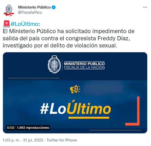 Ministerio Público informa solicitud de salida del país contra Freddy Díaz.