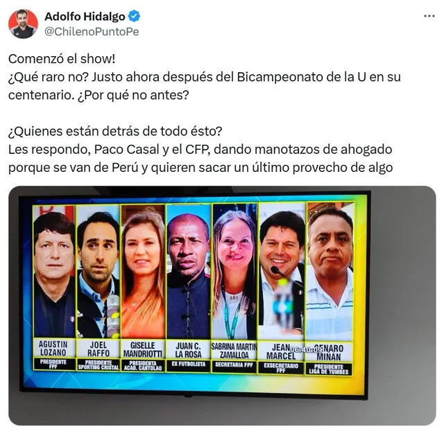 Publicación de periodista chileno Adolfo Hidalgo tras detención de Agustín Lozano.   