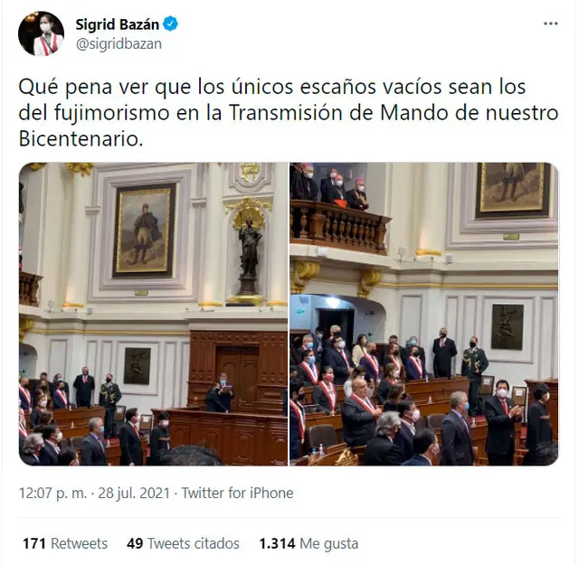 Ausencia de escaños fujimoristas en la medio de la sucesión del mando presidencial.   