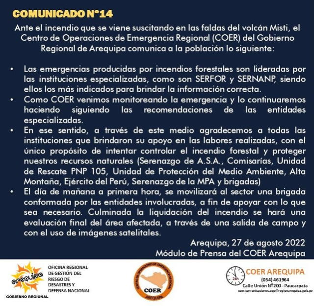  COER comunicado incendio misti