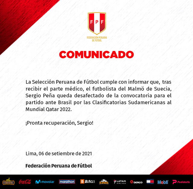 Comunicado de la FPF para anunciar la desconvocatoria de Sergio Peña.   