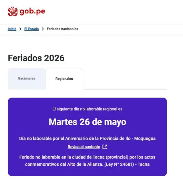 El 26 de mayo es feriado regional en Tacna y día no laborable en Ilo. El 26 de mayo es feriado regional en Tacna y día no laborable en Ilo.