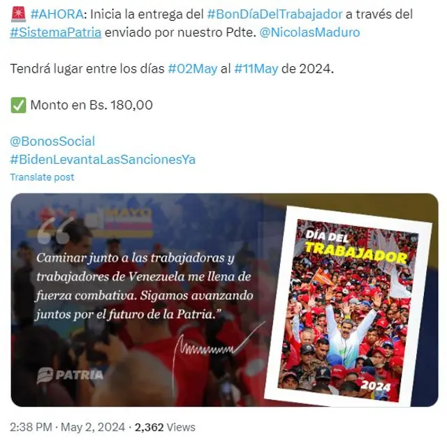 Anuncio del Gobierno sobre la entrega del Bono Día del Trabajador 2024. Anuncio del Gobierno sobre la entrega del Bono Día del Trabajador 2024.