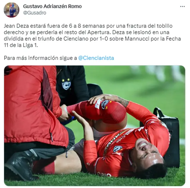  Jean Deza estará entre 6 a 8 semanas fuera por lesión en el tobillo derecho.   