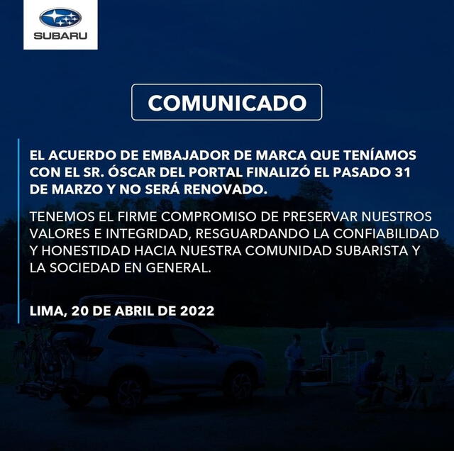 Subaru, Óscar del Portal, Comunicado Subaru, Óscar del Portal, Comunicado