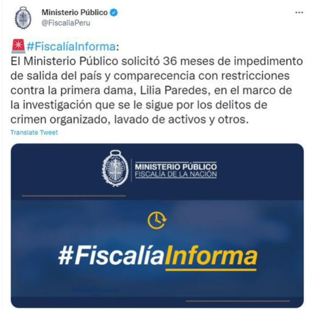 fiscalía solicitó 36 meses de impedimento de salida del país para Lilia Paredes