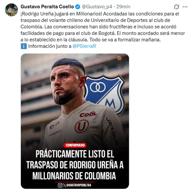 Rodrigo Ureña será nuevo jugador de Millonarios de Colombia