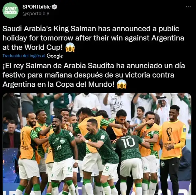 Decretan feriado en Arabia Saudita tras victoria ante Argentina. Decretan feriado en Arabia Saudita tras victoria ante Argentina.
