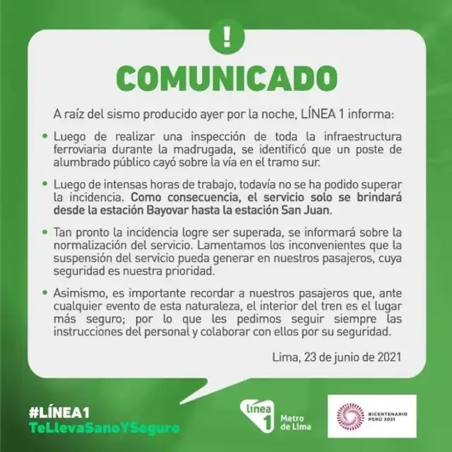 Comunicado sobre el servicio de la Línea 1 del Metro de Lima. Comunicado sobre el servicio de la Línea 1 del Metro de Lima.