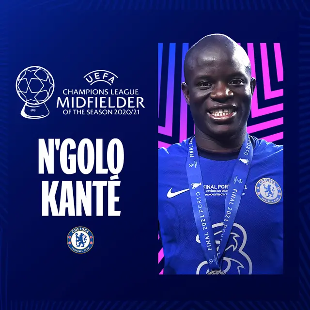 N'golo Kanté mejor mediocampista del 2020/21. (Foto: UEFA)   