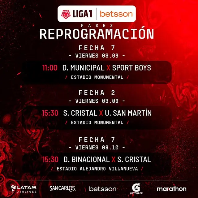 Partidos pendientes de la Fase 2 de la Liga 1.   