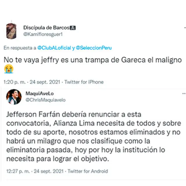 Comentarios de hinchas de Alianza Lima. (Twitter) Comentarios de hinchas de Alianza Lima. (Twitter)