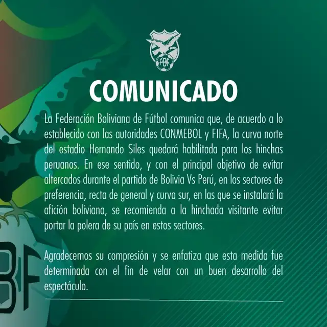 Federación de Bolivia comunicado