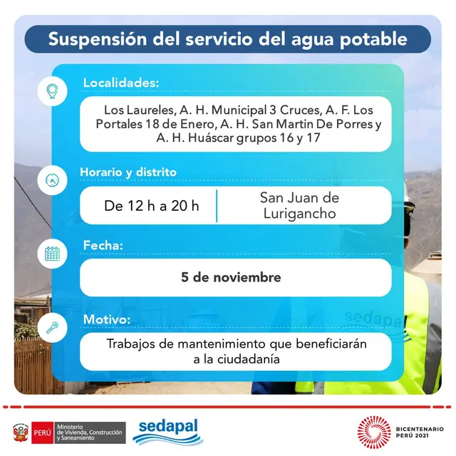 Sedapal corte de agua para HOY, viernes 5 de noviembre Sedapal corte de agua para HOY, viernes 5 de noviembre