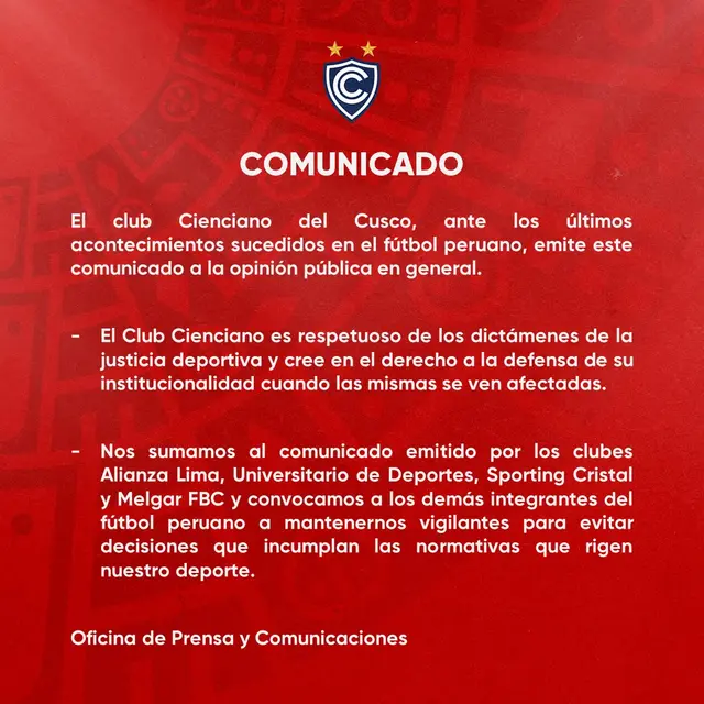 Comunicado de Cienciano del Cusco.    