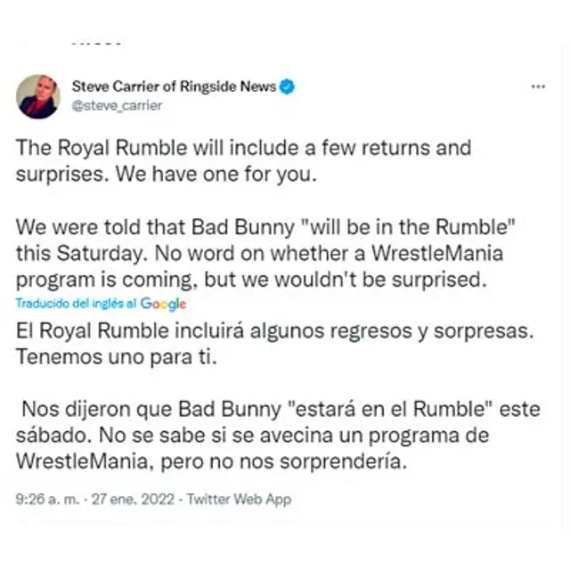 Posible retorno de Bad Bunny a WWE
