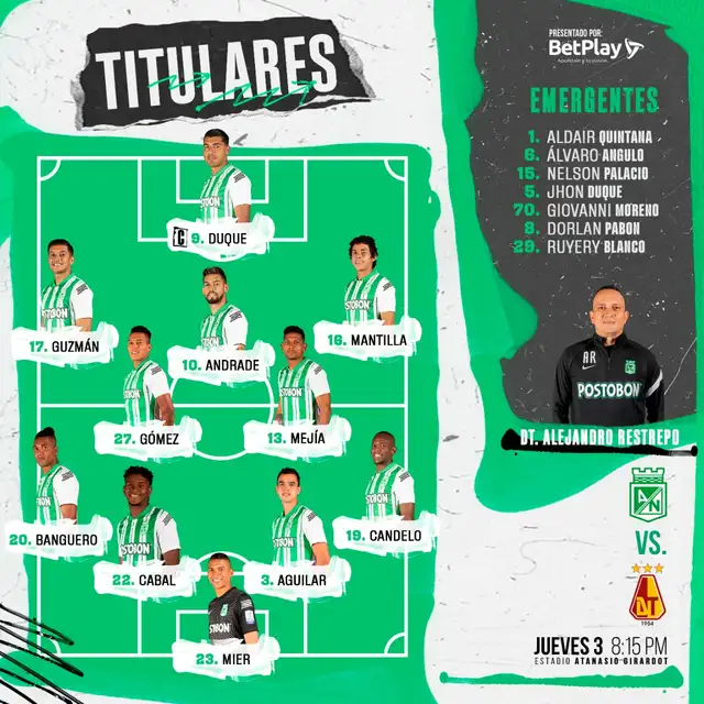 Alineación confirmado de Atlético Nacional.   