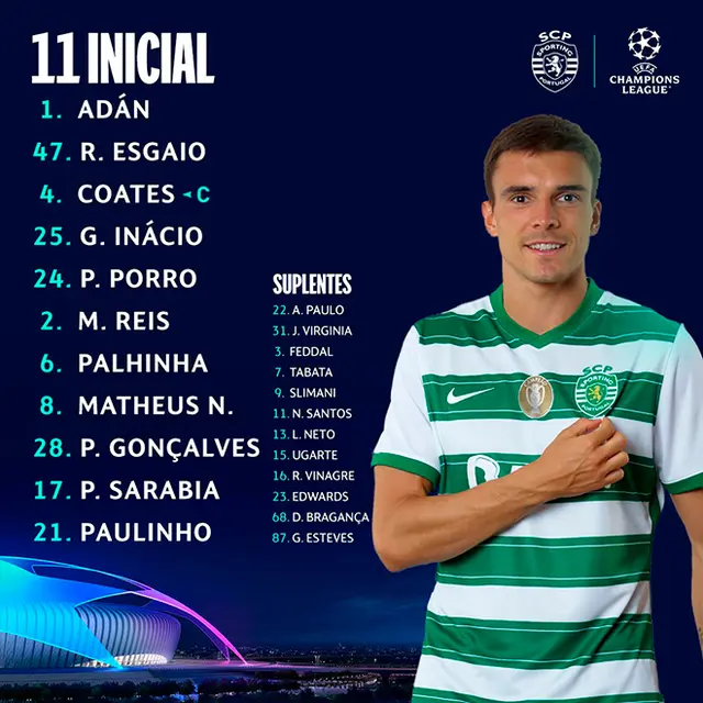 El once de Sporting de Lisboa para duelo ante Manchester City.   