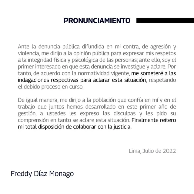 Pronunciamiento de Freddy Díaz.